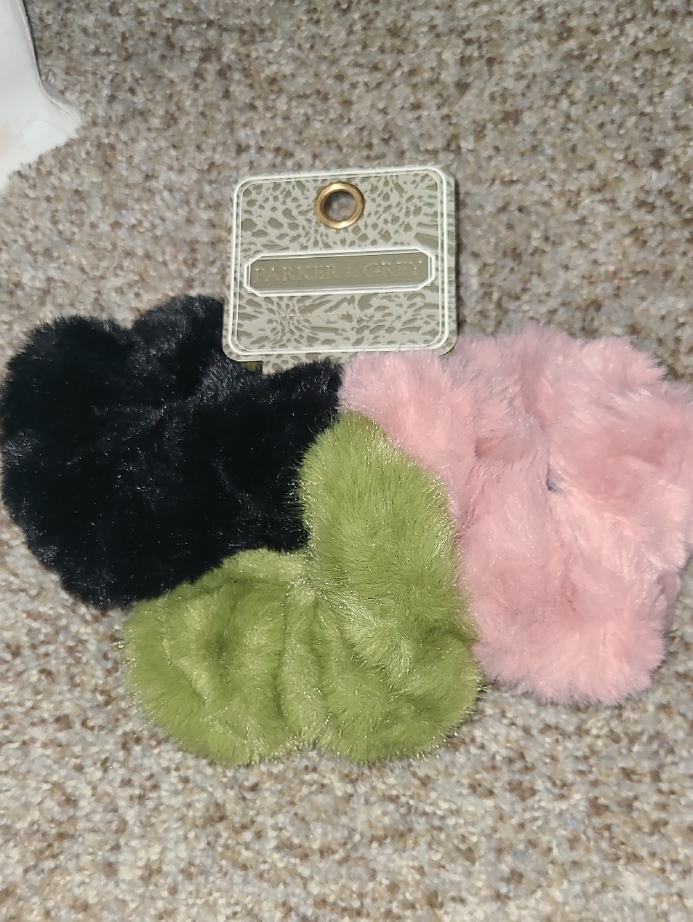 Parker & Co. Plush Faux Fur Scrunchie Trio - Black, Pink, Olive